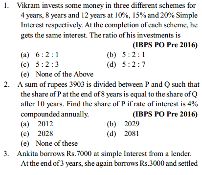 Simple Interest and Compound Interest Questions for IBPS PO 3