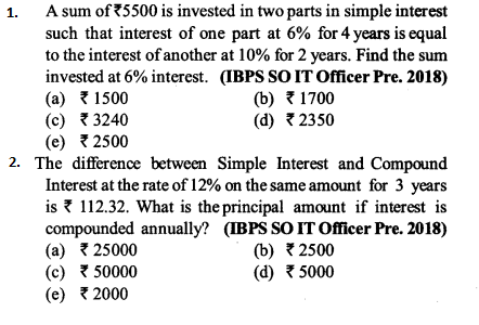 Simple Interest and Compound Interest Questions for IBPS SO 1