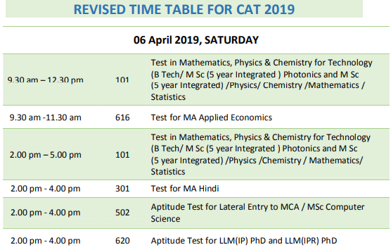 CUST CAT Revised Time Table
